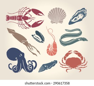 Vintage illustration of crustaceans, seashells and cephalopods over white background