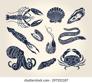 Vintage illustration of crustaceans, seashells and cephalopods over white background with names