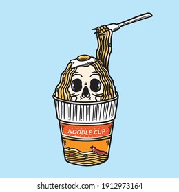 
vintage illustration of cup noodles with skull inside
