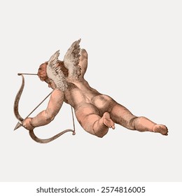 Vintage illustration of Cupid, a cherubic figure with wings, holding a bow and arrow. Cupid, the classic symbol of love, depicted in a timeless, artistic style. Vintage art, isolated vector element.