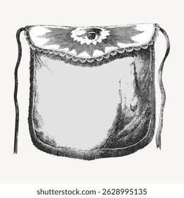 Vintage illustration of a decorative apron with intricate design. Features an eye motif, scalloped edges, and ribbon ties. Classic and artistic apron design. Vintage art illustration vector.