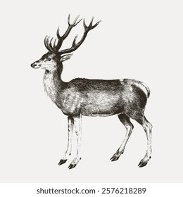 Vintage illustration of a deer with antlers. Detailed deer drawing in black and white. Classic deer art showcasing antlers and graceful deer posture. Vintage illustration isolated on white, vector.