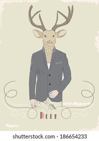 Vintage illustration of a deer with a large pair of antlers dressed in an elegant suit with the text - Deer - below