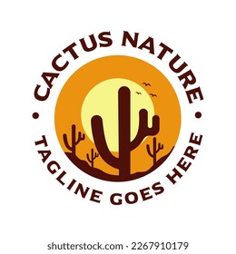 Vintage illustration of desert cactus with mountain view, sun and birds of prey. Cliff and cactus travel logo