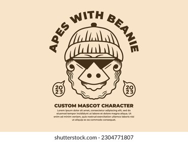 Vintage illustration design of ape wearing beanie