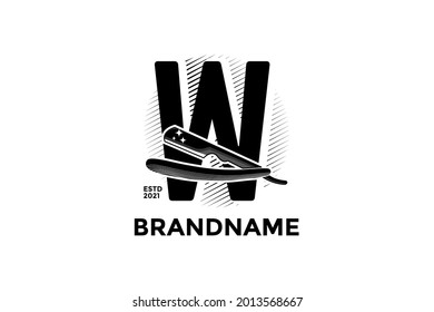 Vintage illustration design for Barbershop logo, logo created combining initial W and razor.