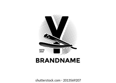 Vintage illustration design for Barbershop logo, logo created combining initial Y and razor.