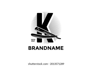Vintage illustration design for Barbershop logo, logo created combining initial K and razor.