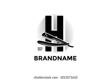 Vintage illustration design for Barbershop logo, logo created combining initial H and razor.