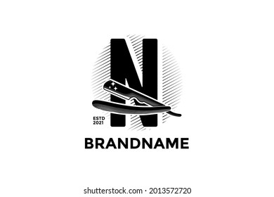 Vintage illustration design for Barbershop logo, logo created combining initial N and razor.
