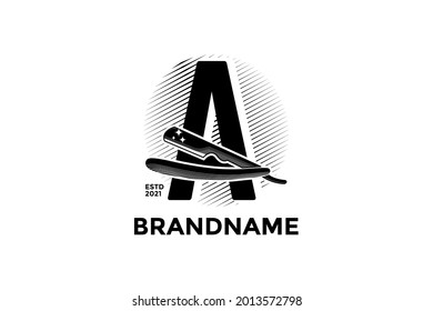 Vintage illustration design for Barbershop logo, logo created combining initial A and razor.