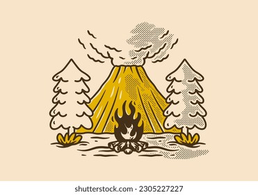 Vintage illustration design of volcano, pine trees and bonfire