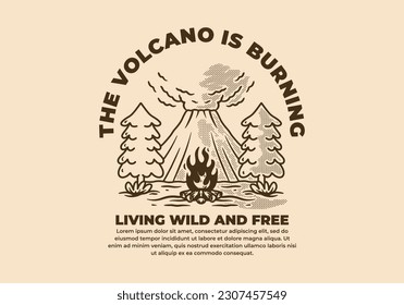 Vintage illustration design of volcano, pine trees and bonfire
