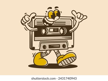 Vintage illustration design of walking Cassette tape mascot character with happy face