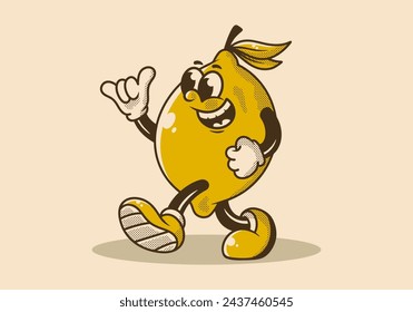 Vintage illustration design of walking lemon mascot character with happy face