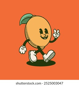 Vintage illustration design of walking lemon mascot character with happy face. Groovy style, retro, logo, icon, sticker, packaging, vector