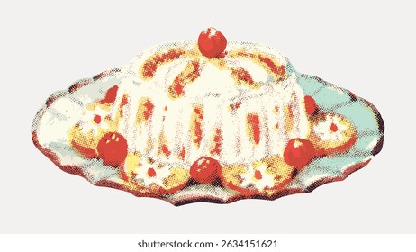 Vintage illustration of a dessert with cherries. The dessert is creamy with cherries on top. Cherries and dessert create a classic, nostalgic vibe. Vintage art illustration vector.