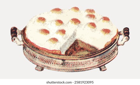 Vintage illustration of a dessert with a fluffy topping in a decorative dish. The dessert features a slice cut out, revealing a textured interior. Vintage food illustration isolated on white, vector.