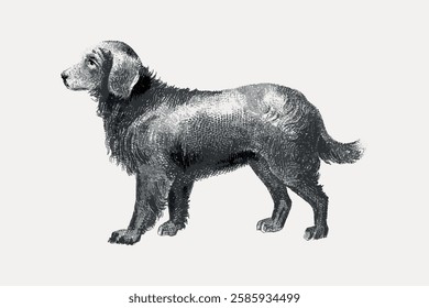 Vintage illustration of a dog. Detailed dog sketch in black and white. Classic art, showcasing a side profile of a with textured fur. Vintage illustration isolated on white, vector.
