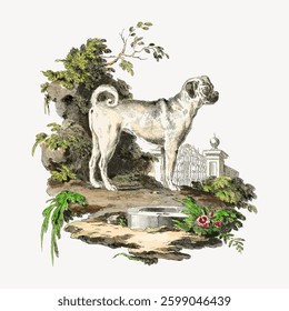 Vintage illustration of a dog in a garden setting. The dog stands near foliage and a stone structure. Detailed dog and garden scene in classic style. Vintage vector illustration.