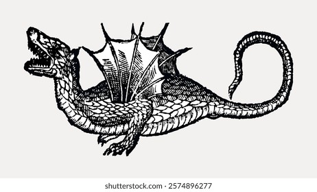 Vintage illustration of a dragon with wings and a long tail. The dragon is depicted in a classic style, showcasing its mythical and legendary features. Isolated vintage vector element.