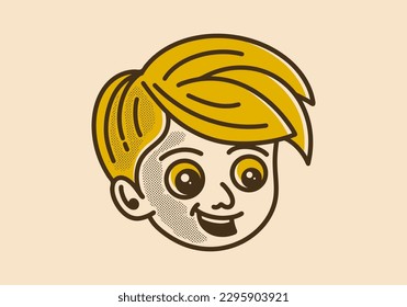 Vintage illustration drawing of boys head with happy face