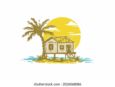 Vintage illustration drawing of house on the beach design