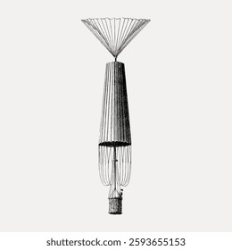 Vintage illustration of an early parachute design. Detailed parachute sketch shows a cone shape. Historical parachute concept with intricate lines. Vintage illustration isolated on white, vector.