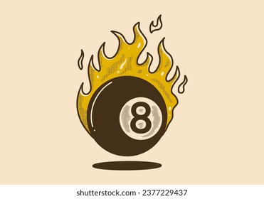 Vintage illustration of eight ball with fire flame, in yellow color