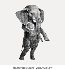 Vintage illustration of an elephant standing upright, holding a sunflower. Detailed elephant drawing, sunflower in hand, unique elephant art, vintage style. Vintage animal illustration vector.