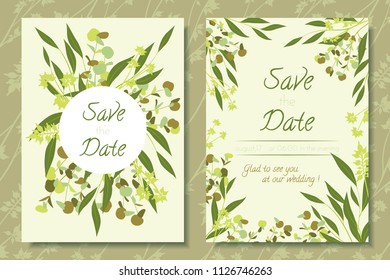 Vintage Illustration with Eucalyptus Branch. Beautiful Wedding Invitation Frames with Leaves, Flowers. Elegant Decorative Cards for Invite. Botanical Vintage Illustration for Rustic Wedding Design.