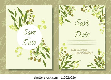 Vintage Illustration with Eucalyptus Branch. Beautiful Wedding Invitation Frames with Leaves, Flowers. Elegant Decorative Cards for Invite. Botanical Vintage Illustration for Rustic Wedding Design.