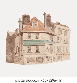 Vintage illustration of a European building with classic architecture. The building features a triangular roof and multiple chimneys, showcasing European charm. Isolated vintage vector element.