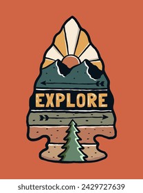 Vintage illustration of explore letter on the middle arrowhead shape and nature view illustration on it