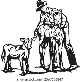 Vintage Illustration of a Farmer and His Cattle: Timeless Artwork Highlighting the Bond Between Man and Livestock in Classic Rustic Style, Perfectly Isolated Without Background for Versatile Use