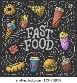 Vintage illustration with fast food doodle elements and lettering on background for concept design, menu. Vector illustration for any purposes.