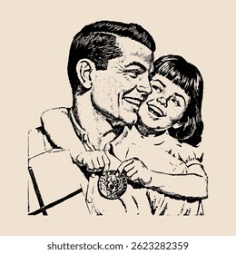 Vintage illustration of a father smiling as his daughter places a medal around his neck, father day.