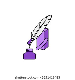Uma ilustração vintage com uma pena de pena e uma garrafa de tinta, perfeito para projetos criativos, temas de escrita, ou decoração literária. Ideal para amantes de papelaria.