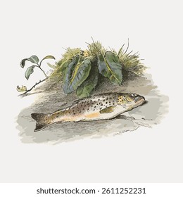 Vintage illustration of a fish on a riverbank. The fish is detailed, lying on the ground with green leaves. Fish illustration with nature elements, fish art. Vintage illustration, animal vector.