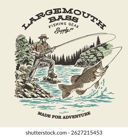 Vintage illustration fisherman fishing largemouth bass fish adventure on river forest nature national parks. Retro outdoor apparel design supply gear