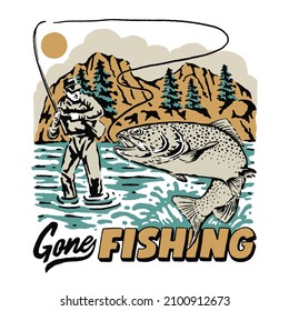 a vintage illustration of fishing in wilderness