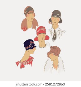 Vintage illustration of five women in 1920s fashion. Women in cloche hats, elegant attire. Retro style, 1920s women, fashion illustration, vintage elegance. Vintage woman illustration vector.