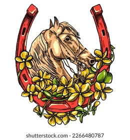 vintage illustration of a flowered horseshoe, it looks like there is a horse there.