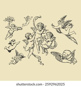 Vintage illustration of flying cherubs and angels, featuring detailed classical engraving style, ideal for romantic, religious, and decorative designs.