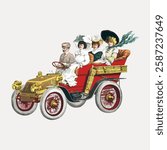 Vintage illustration of four people in an old-fashioned car. Three women in hats and a man driving. Retro car, vintage style, classic attire, historical vehicle. Vintage art illustration, vector.