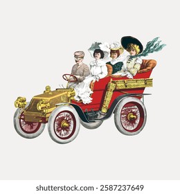 Vintage illustration of four people in an old-fashioned car. Three women in hats and a man driving. Retro car, vintage style, classic attire, historical vehicle. Vintage art illustration, vector.