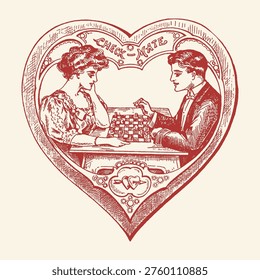 A vintage illustration framed in a heart shape, showing a Victorian couple playing chess, with ornate details and a romantic theme, Framed, Showing, Interior, Monochrome, Design, Art, Man, Date, Icon