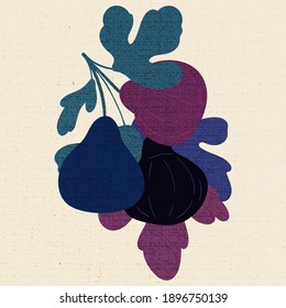 Vintage illustration of fruits in Japanese style. Poster for menu design, restaurant decor, grocery stores. Minimalistic background with texture of flax, leaves, figs. Vegan and vegetarian foods.
