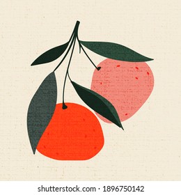 Vintage illustration of fruits in Japanese style. Poster for menu design, restaurant decor, grocery stores. Minimalistic background with texture of flax, leaves, tangerines. Vegan and vegetarian foods