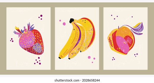 Vintage illustration of fruits in vintage style. Set of three posters for menu design, restaurant decor, grocery stores. Minimalist background with strawberry, banana, peach, gradient, grain texture.